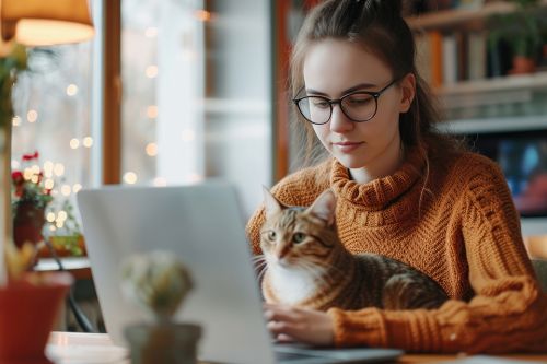 Frau arbeitet auf Laptop mit einer Katze in den Armen